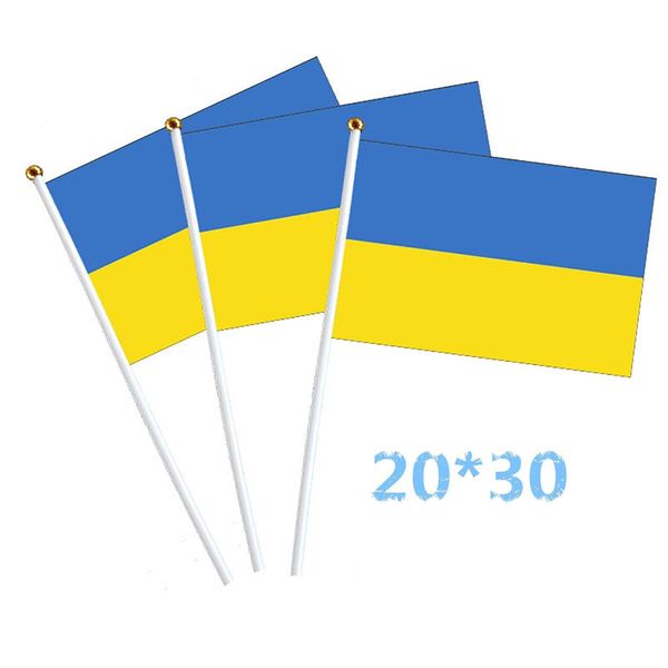 Banner-Flaggen, 20 x 30 cm, Hand-Mini-Flagge Ukraine, mit weißem Stab, lebendige Farbe und lichtbeständig, Länderflagge, langlebig, Drop Dhzrt