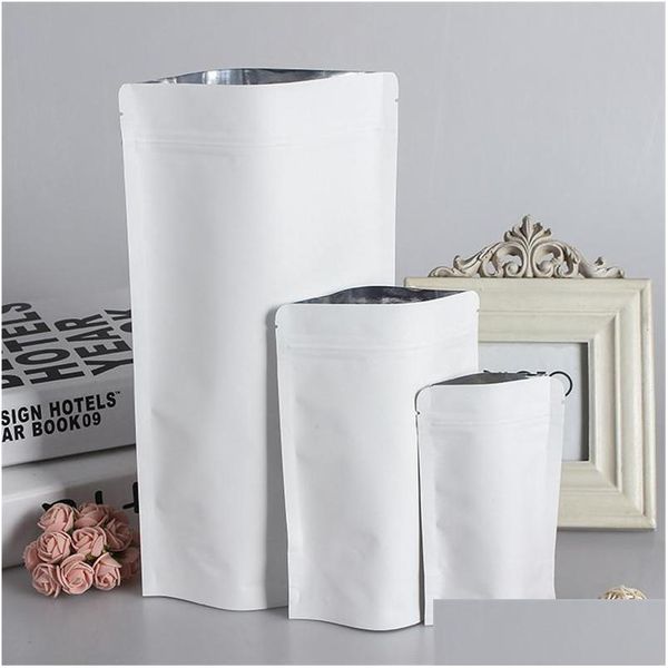 Geschenkpapier Stand Up Weißes Kraftpapier Aluminiumfolienbeutel Reißverschluss Doy Pack Verpackungsbeutel Lebensmittel Tee Snack Wiederverschließbare Beutel Großhandel LZ05 Dhonr