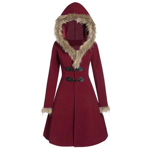 Damenjacken Herbst Winter Frauen Langarm Faux Pelzbesatz Hut Manschetten Mantel Vintage Slim Zweireiher Weiblicher Wollmantel