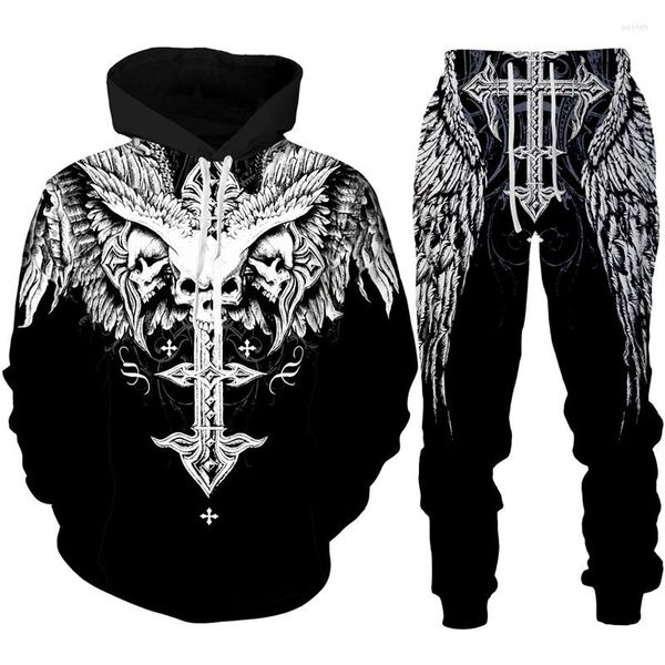 Herren-Trainingsanzüge, Gothic-Schädel-Tattoo, 3D-gedruckter Hoodie/Trainingsanzug, modisches Herren-Motorrad-Biker-Sportbekleidungsset, cooles Grafik-Sweatshirt