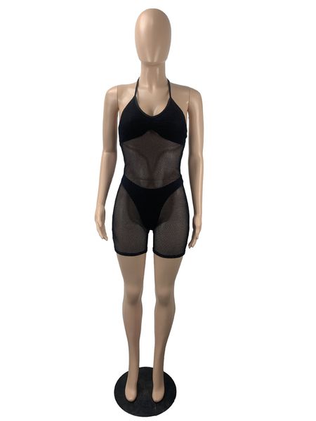 Macacão de rede de peixe feminino roupas de verão bodycon halter macacões malha uma peça roupas moda ver através roupas magros playsuits 9190