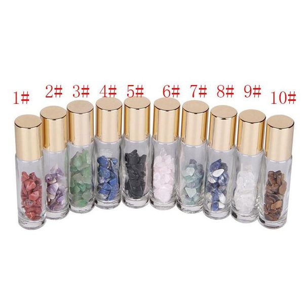 Bottiglie di imballaggio 10 ml Pietre naturali Ssential Oil Gemstone Roller Ball Clear Glass Healing Crystal Chips 10 colori Drop Delivery Offi Dhwtw