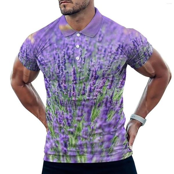 Polos de lavanda de lavanda masculina camisas pólo jardim impressão de flor casual camiseta de rua de praia camisetas de manga curta de manga curta