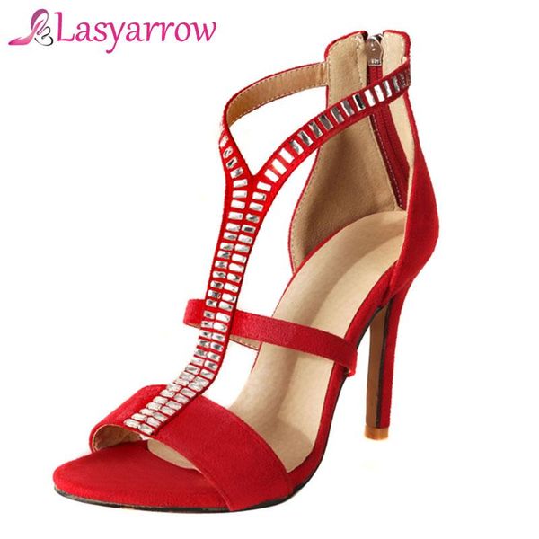 Sandálias Lasyarrow Grande tamanho 32-46 Sapatos femininos de salto alto Crystal t-sheta de tira aberta do dedo do pé Gladiador preto azul vermelho rm263