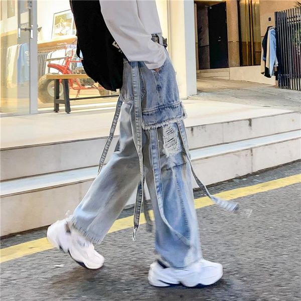 Erkekler kot pantolon stil yüksek cadde yırtık şerit düz gevşek geniş bacaklı marka hip-hop tulumlar pantolon kadın
