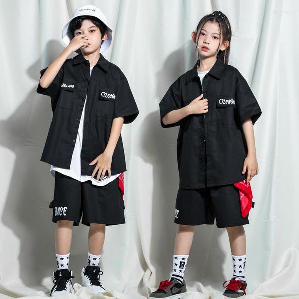 Stage Wear Kids Teen Kpop Hip Hop Cloths Black Tops Streetwear Shorts para menino Costume de dança de jazz menino Crianças mostram roupas