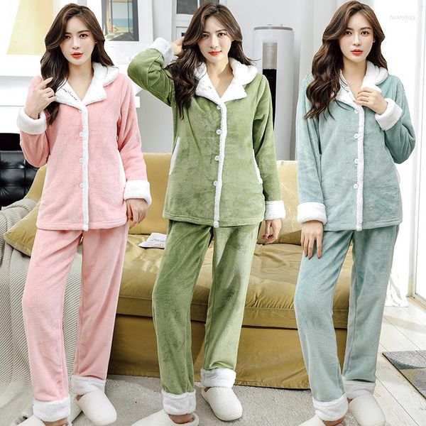 Kadın pijama kadınları kış pazen yumuşak pijama setleri kalın sıcak mercan polar kürk boynu pijama famal düğmesi pijama nakış evi