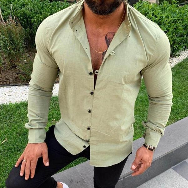 Camicie casual da uomo Camicia con bottoni in lino di cotone di colore puro da uomo Camicette hawaiane sociali slim fit Collo alla coreana Manica lunga nera da uomo
