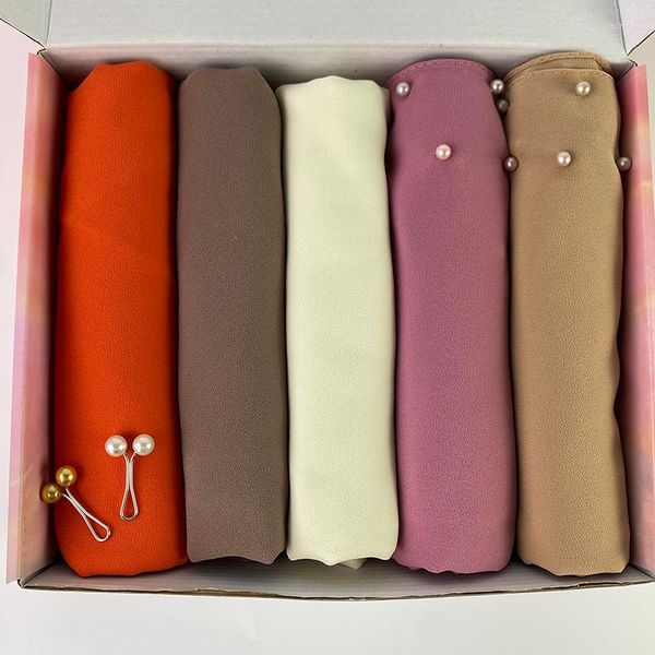 Roupas étnicas Moda Bubble Chiffon Pearl Sconhe com Box Women's Plain Hijab Wrap Wrap Solid Color Shawls Head Band Band Islam Turban Femme