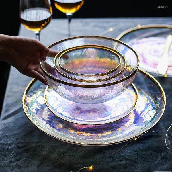 Пластины красочная окрашенная золотая стеклянная посуда Семь цветных прозрачных молотков десерт стейк -пластинка салат фруктовый обеденный посуда