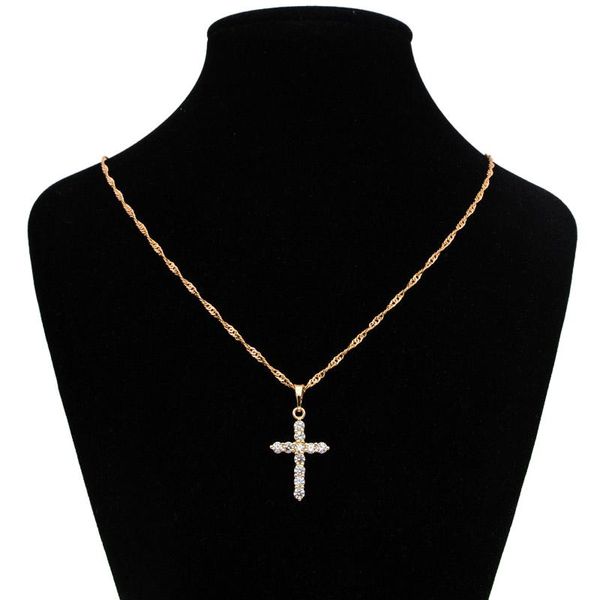 Anhänger Halsketten Gott segne Amen Kristall Kreuz Halskette Frauen Weihnachten Schmuck Taufe Gold Kruzifix Collier Femme Accesorios Mujer N0210