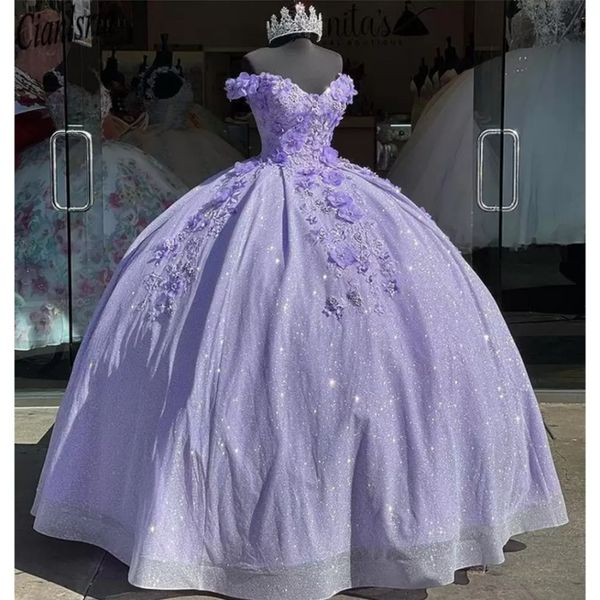 Lavanta Bling Pullu Dantel Tatlı 16 Quinceanera Elbiseler 2022 Omuzdan 3D Çiçek Aplike Boncuklar Korse Elbise Vestidos De 15 Anos Masquerade XV Elbise BC14063