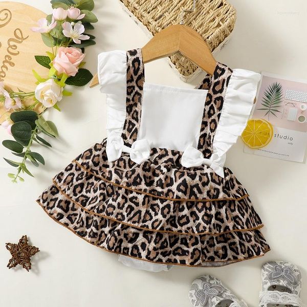 Abiti da ragazza Bambino Neonate Abito Pagliaccetto Pannello con stampa leopardata Manica con volant Backless Estate Infantile Moda Gonna torta con fiocco