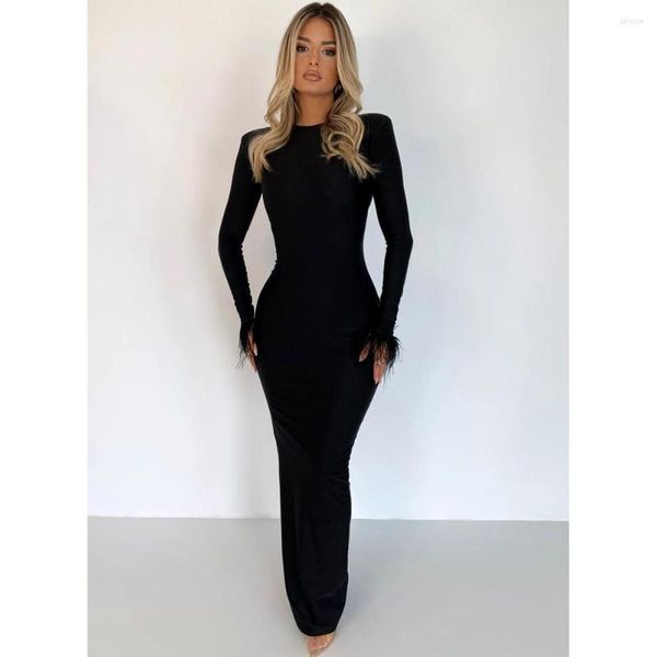 Vestidos casuais elegantes moda bodycon maxi vestido 2023 avestruz sleeve sleeve club party baile sexy split for women vestidos de noite