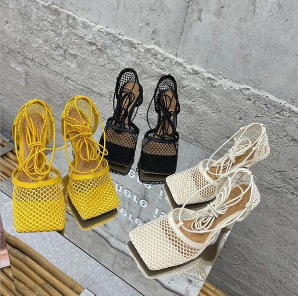 Sandals Runway Net Mesh Mesh fino de salto alto mulheres quadradas de dedão tornozelo Gladiador Sandalias Summer Summer Sexy Party Nightclub Shoes 2023