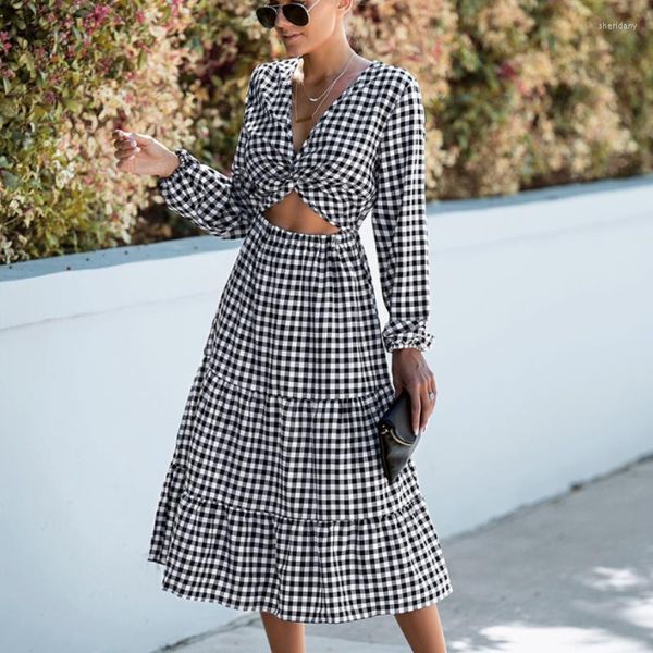 Повседневные платья Ayualin Spring Fall Robe Black White Plaid Long Dress Women Vintage Deep V Neck Midriff-Bring Elegant Women's Vestidos