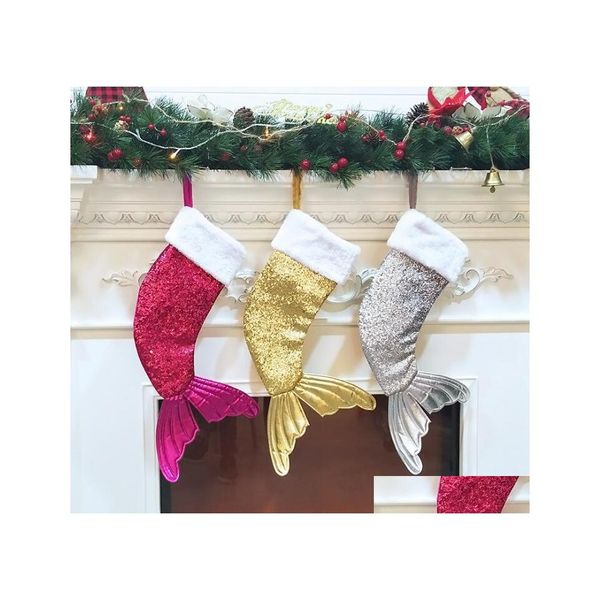 Decorações de Natal Meias de lantejoulas embrulhando crianças bolsas de doces árvores Ornamento em casa Party Gifts Gifts Bags de tamanho grande Mermaid Drop del Dhbcq