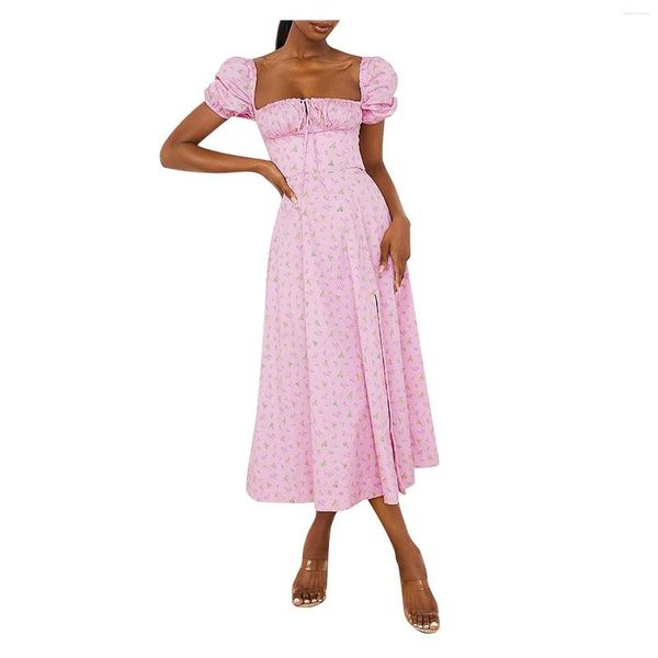 Freizeitkleider Damen Sommer Sexy Kleid Weich Kausal Puffärmel U-Ausschnitt Hoch Geteilt Lang Mädchen Blumendruck Chiffon Maxi