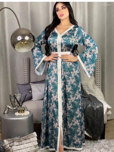 Ethnische Kleidung Satin Dubai Muslim Abaya Kleid Frauen Jalabiya Floral Musulman Islamischer Naher Osten Marokkanischer Kaftan Arabisch Türkei Robe