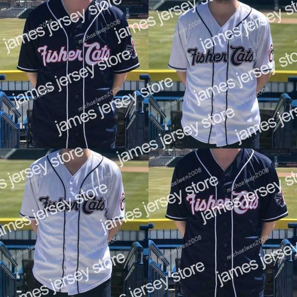 Camisas College Baseball Wears Baseball Masculino New Hampshire Fisher Cats Branco Azul Marinho Personalizado Camisas Costuradas Duplas Camisas de Beisebol High-q