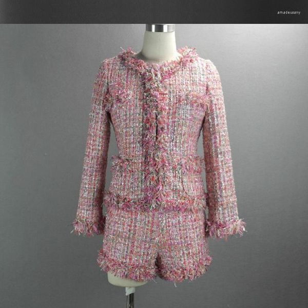 Damen-Trainingsanzüge, rosa Tweed-Jacke, Shorts-Anzug mit Pailletten, 2023 Frühling/Herbst, Damen-Jacken, war dünner zweiteiliger Damenmantel aus Wolle