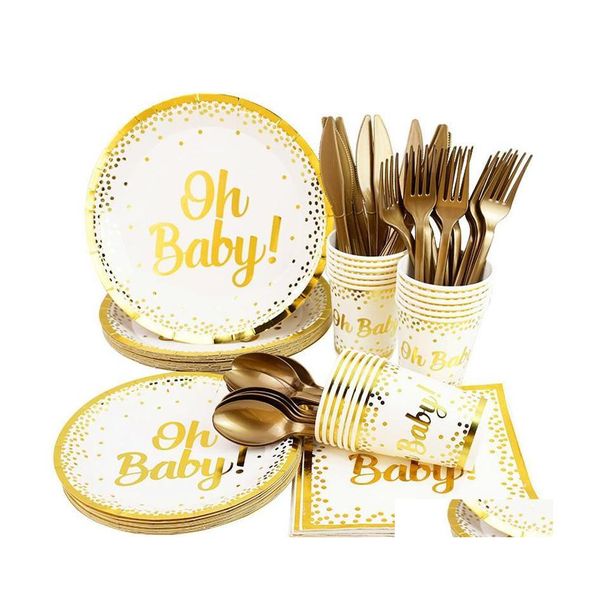 Decora￧￣o de festa OH Baby DOT Gold Dot Disponic Tableware Conjunto de menino menino chuveiro a favor de g￪nero Bal￣o Banner Kids Birthday Drop del Dhjyk