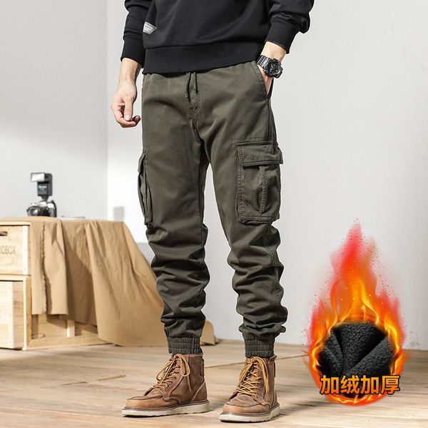 Pantaloni cargo invernali Pantaloni caldi da uomo Pantaloni da lavoro in stile giapponese Pantaloni con tasca spessa Taglie forti Nero Verde militare