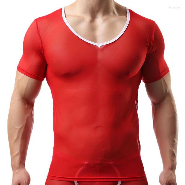 Ondershirts Sexy Skinny T-shirt Heren Tops Sheer Mesh Shirts Zien door T-shirt met korte mouwen Perspectief Ondergoed Nachtkleding