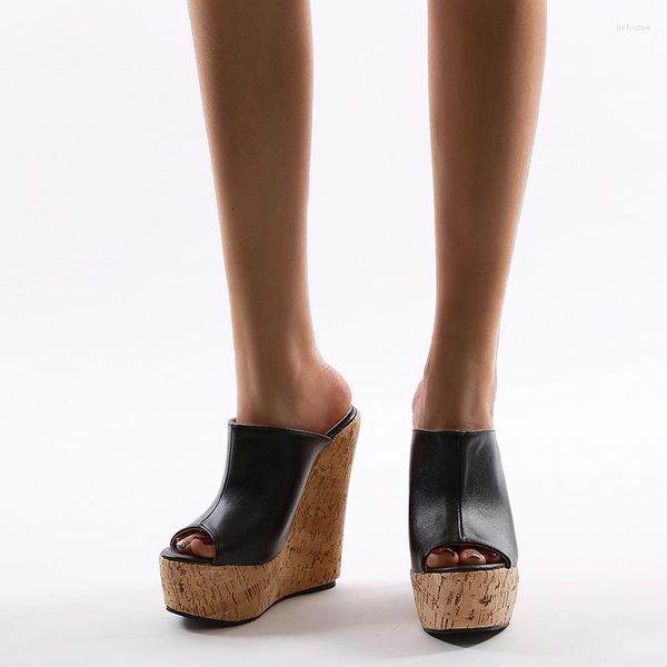 Slippers 2023 Peep Toe Platform Wedge Sapatos de verão preto Mulher Sexy Super High Sandal 35-42 Mules