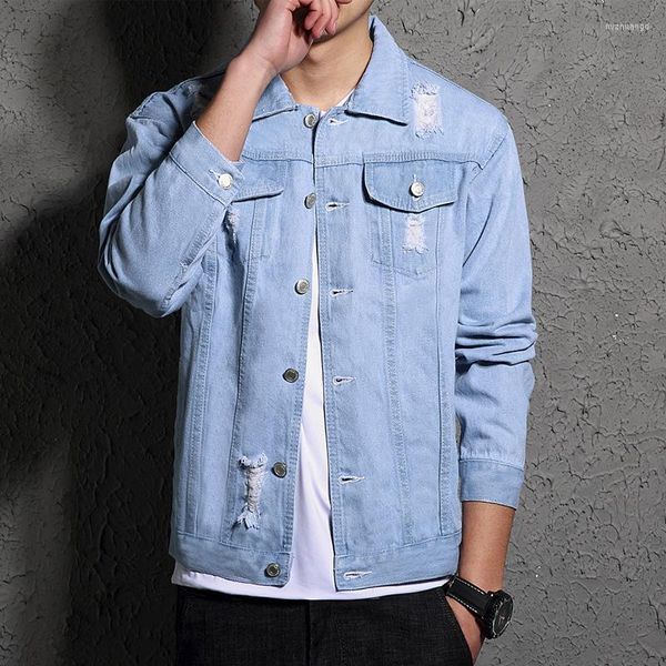 Giacche da uomo Giacca di jeans azzurra da uomo 2023 Autunno moda sfilacciata manica lunga strappata Adolescente Cappotto di jeans stile coreano maschile