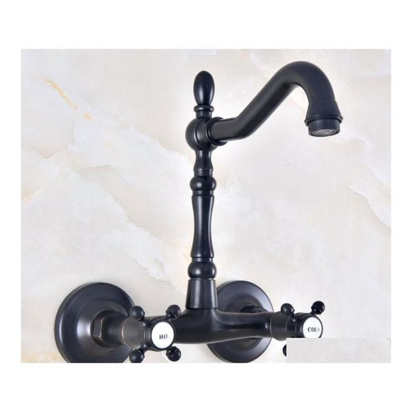 Rubinetti per lavandino del bagno Rubinetto per lavabo da cucina in ottone antico lucidato a olio nero Miscelatore per lavabo con bocca girevole a parete Maniglie doppie a croce Dro Dhuuw