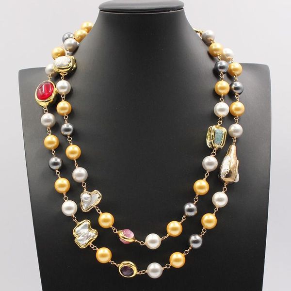Correntes guaiiguai jóias mistura natural jóias de pedra shell marhi keshi pérola longa colar moda bela presente artesanal para senhora