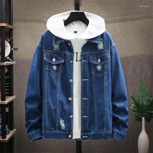 Männer Jacken Frühling Herbst Männer Denim Jacke Koreanische Lose Langarm Zerrissene Jean Teenager Mann Mode Distressed Ausgefranste Schwarz Mantel