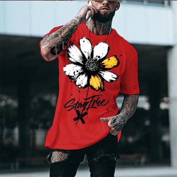 Camiseta Masculina Summer Street Wear Harajuku Camiseta Manga Curta Branca Girassol E Estampa Letra Lazer Respirável Tamanho Grande XXS-6XL