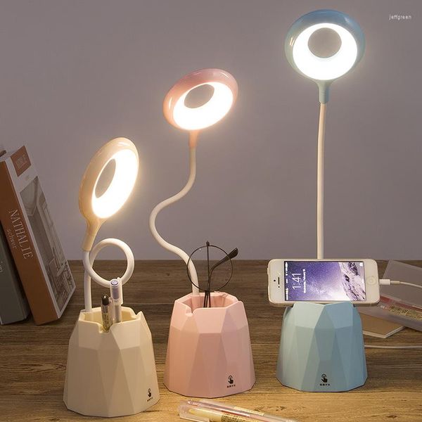 Lâmpadas de mesa Creative USB Light Morden College Domor Bedroom Study Led Desk Lamp com suporte para caneta Macaroon Eye Protection Ring