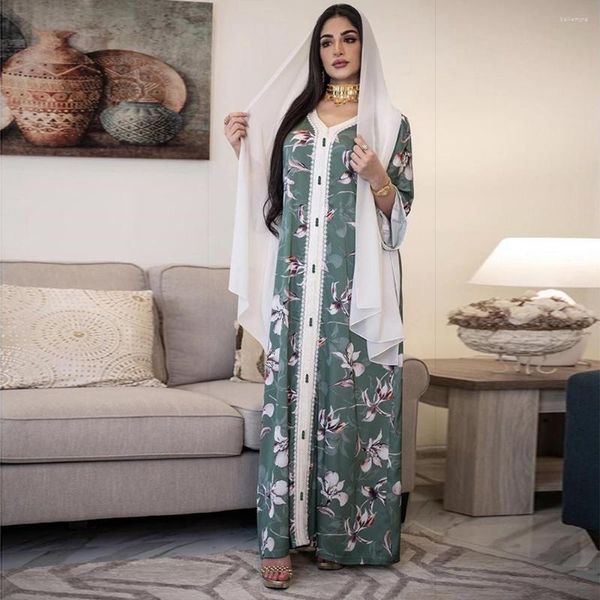 Abbigliamento etnico Medio Oriente Jalabiya Maxi Abito Stampa floreale Nastro con scollo a V Manica lunga Donna Moda allentata Islamico Dubai Turchia Abaya