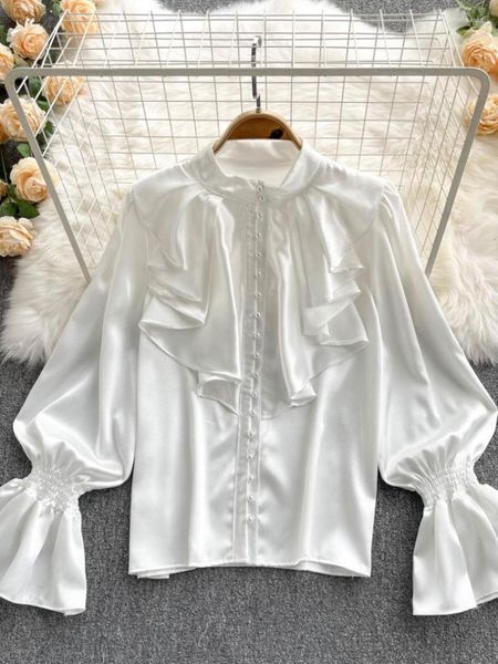 Blusas femininas francesa elegante camisa feminina branca preta cola colar de manga longa slave pérolas de pérola de babados casual fêmea fêmea lenta blusa