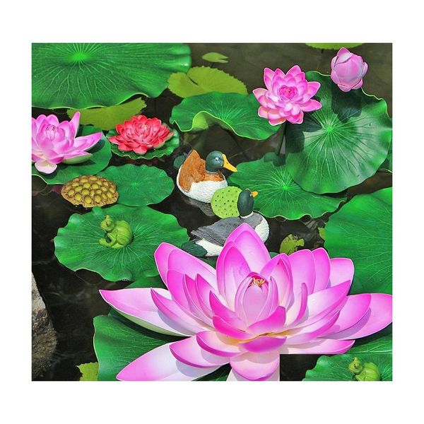 Dekorative Blumen Kränze Künstliche Lotus Seerosen Seide Schwimmende Lilienkopf Pflanzen Blätter für Fischteich Tank Haus Hof Garten Dhm92
