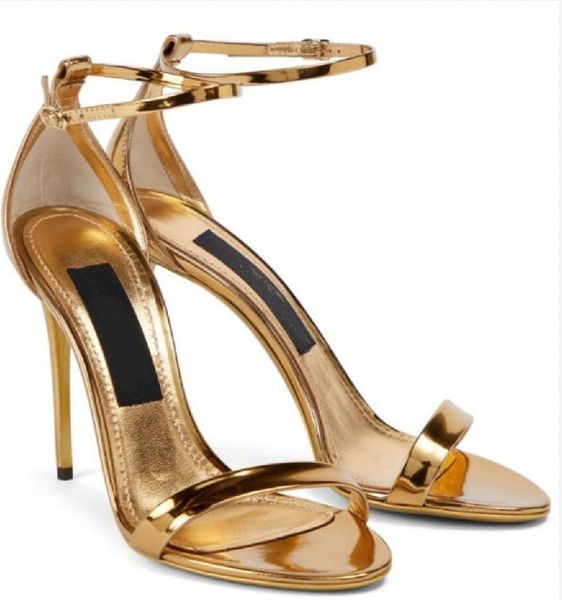Senhoras elegantes keira patente de couro sandálias de verão sapatos mulheres salto pop salto dourado banhado a ouro D-bancada salto alto Lady Gladiator Sandalias Party Wedding EU35-43
