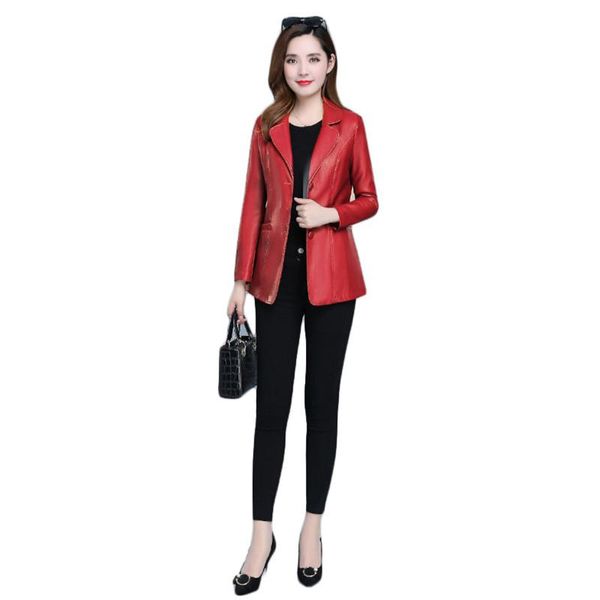 Frauen Leder Mantel Frauen 2023 Frühling Mode Koreanische Büro Dame Kurze Schlanke Rot 6XL Plus Größe Langarm PU Jacken feminina N808 Faux