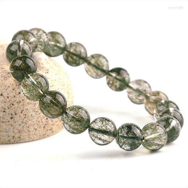 Strand ZHEN-D Gioielli Tesoro Tormalina verde naturale Quarzo rutilato Bracciale con perline Pietra preziosa Diventa ricco Buon significato Regalo di ricchezza