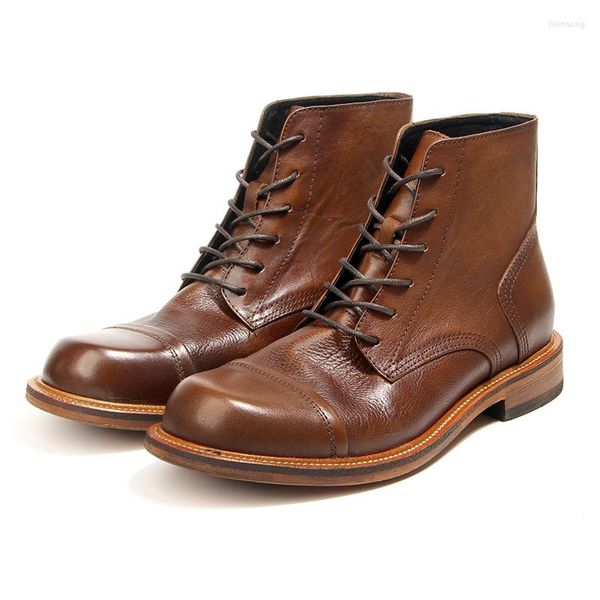 Botas de luxo vintage britânico Men tornozelo outono de inverno vaca vestido de couro redonda plataforma de dedão ao ar livre motocicleta