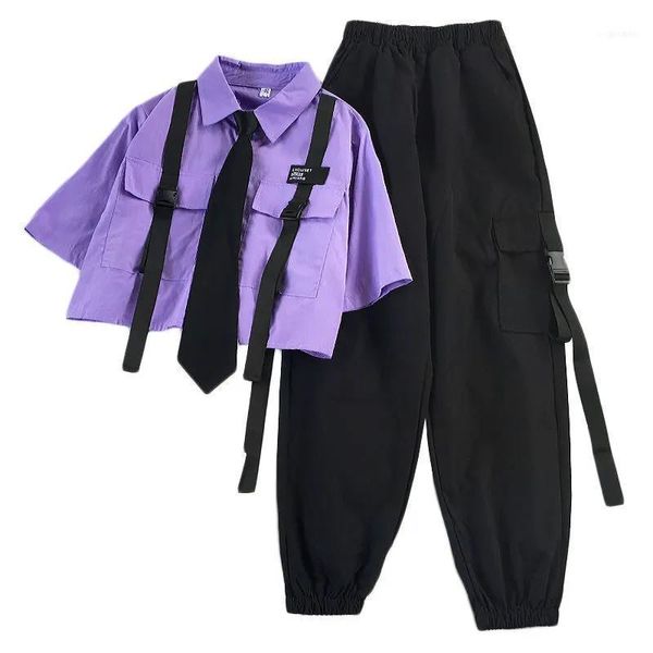 Женские брюки Capris 2023 Осенняя уличная одежда высокая таиста Straight Ribbon Cargo Студент рубашка с короткими рукавами с галстуком с двумя частями