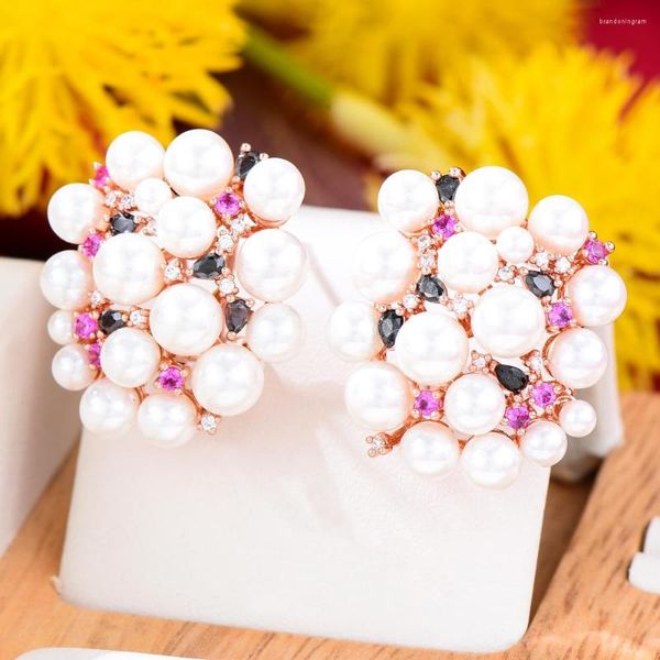 Bolzenohrringe Godki Sommertägliches Blumenhaufen Perle für Frauen Kubikzirkonia Crystal CZ Statement Ohrring Brincoos Bijoux