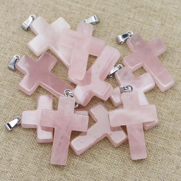 Подвесные ожерелья натуральный камень розовый Quartz Crystal Cross Form