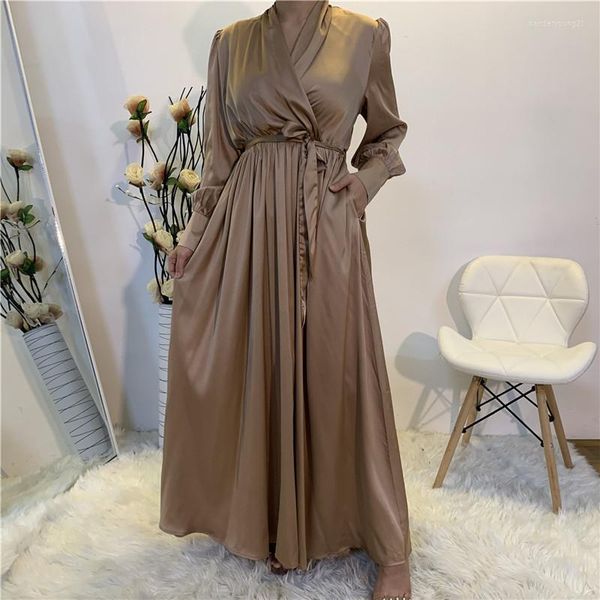 Etnik Giyim 2023 Müslüman Moda Dubai Abaya Kadın Eid Ramazan Kadın Elbisesi V yaka Saf Renk Modern Bayanlar Giysileri Ev Giysileri Gevşek