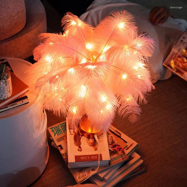 Luzes da noite Lâmpada de mesa Diy Creative Feather Desk quente Branco árvore leve árvore abajur menina de aniversário