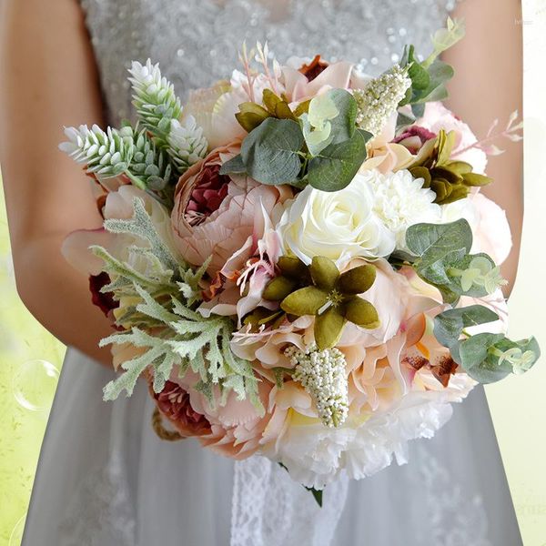 Fiori decorativi decors moderni romantici creativi artificiali eleganti seta di seta rosa legame bouquet per matrimoni per la sposa