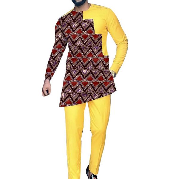 Tute da uomo Abiti africani Top patchwork Pantaloni Pantaloni da uomo in cotone giallo Abiti da cerimonia personalizzati Abiti da sposo da uomo