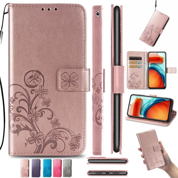 Custodie per telefono per Xiaomi Redmi Note 10 9 Power 8 7 6 5 4 4X Pro Max 9T 9S 8T 7S 5A Go Realizzata in pelle PU Cover Lucky Four Clover con slot per carte di portafoglio Cinturino da polso